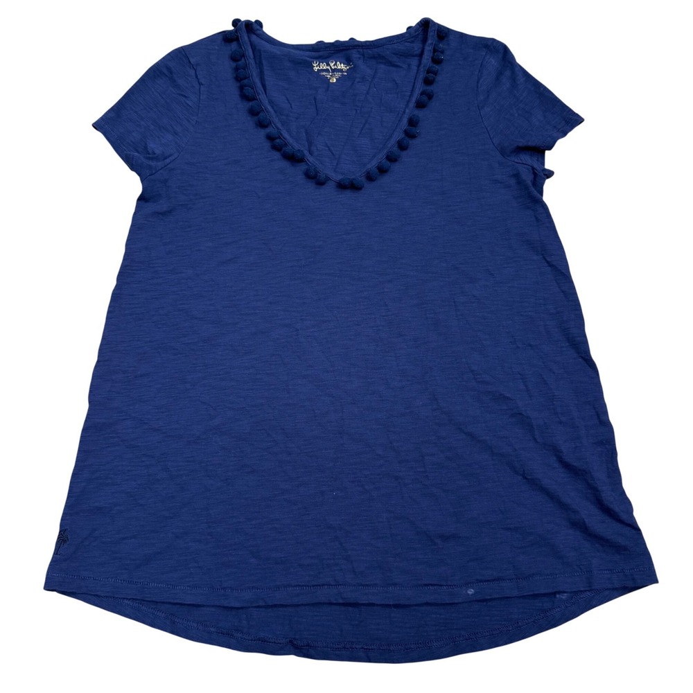 Lilly Pulitzer Pom Pom V-Neck Pima Cotton Top Women Size S Soft Quiet Luxury